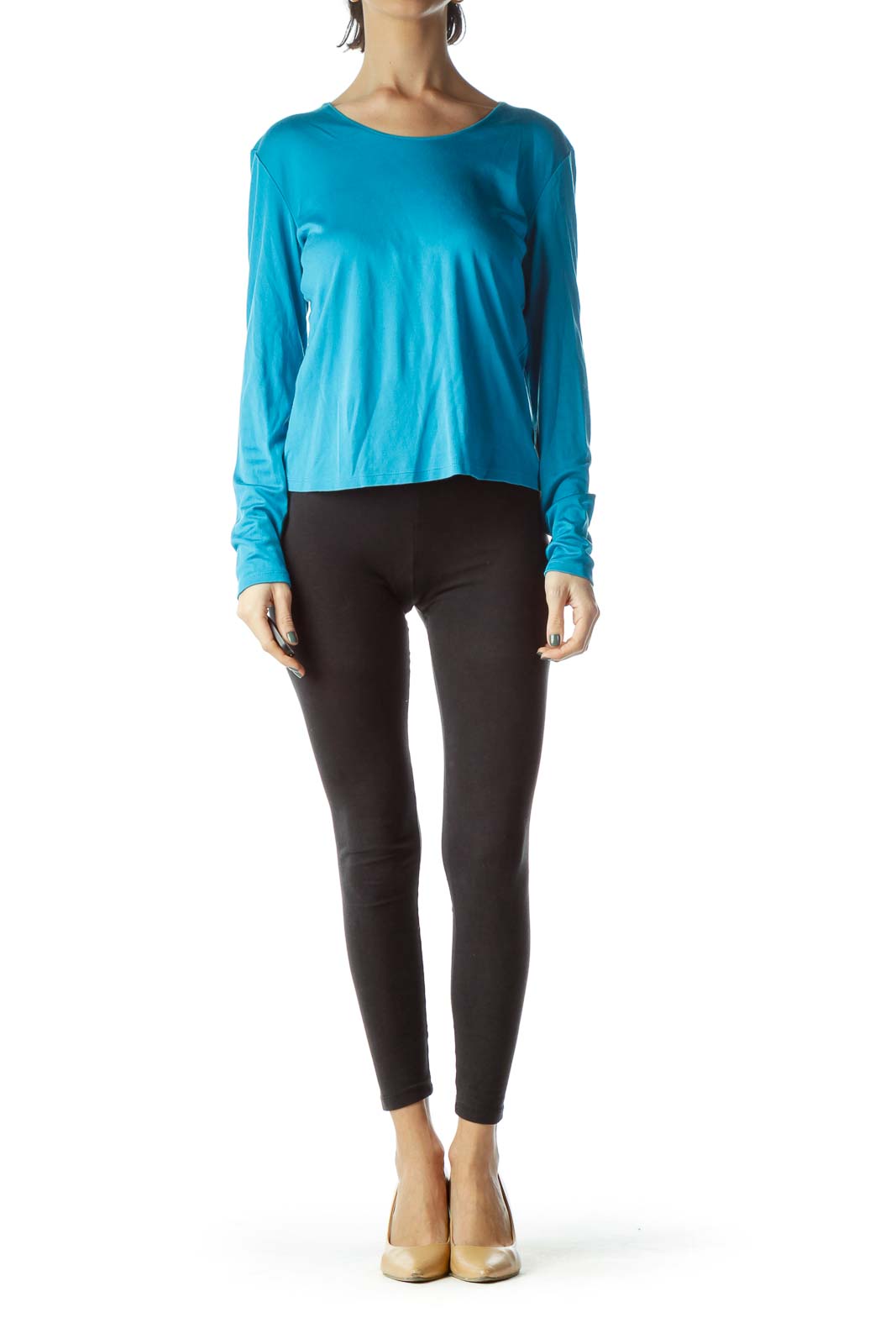 Teal Blue Cotton and Silk Long Sleeve Top