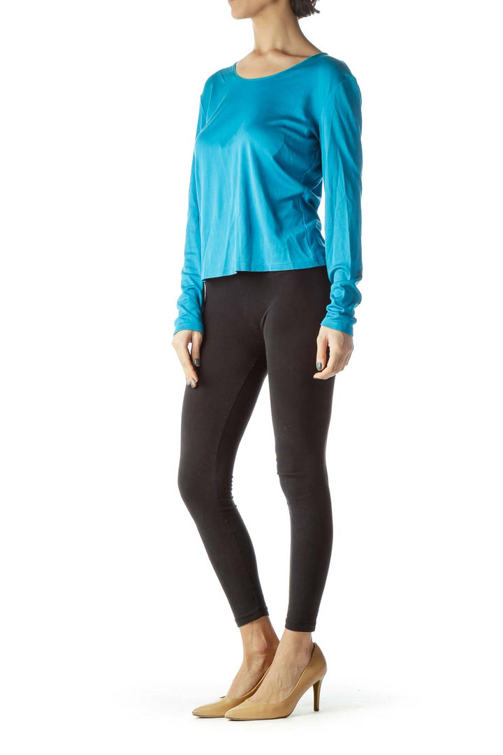 Teal Blue Cotton and Silk Long Sleeve Top