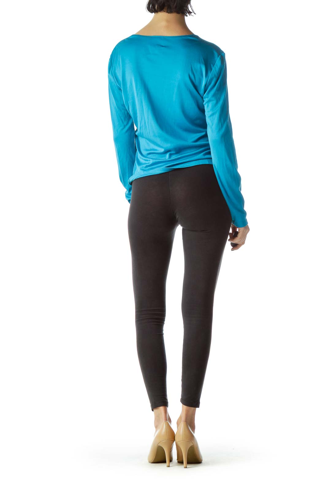 Teal Blue Cotton and Silk Long Sleeve Top