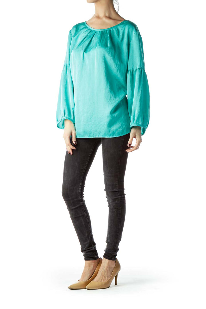 Mint Green Neckline Pleats Shiny Blouse