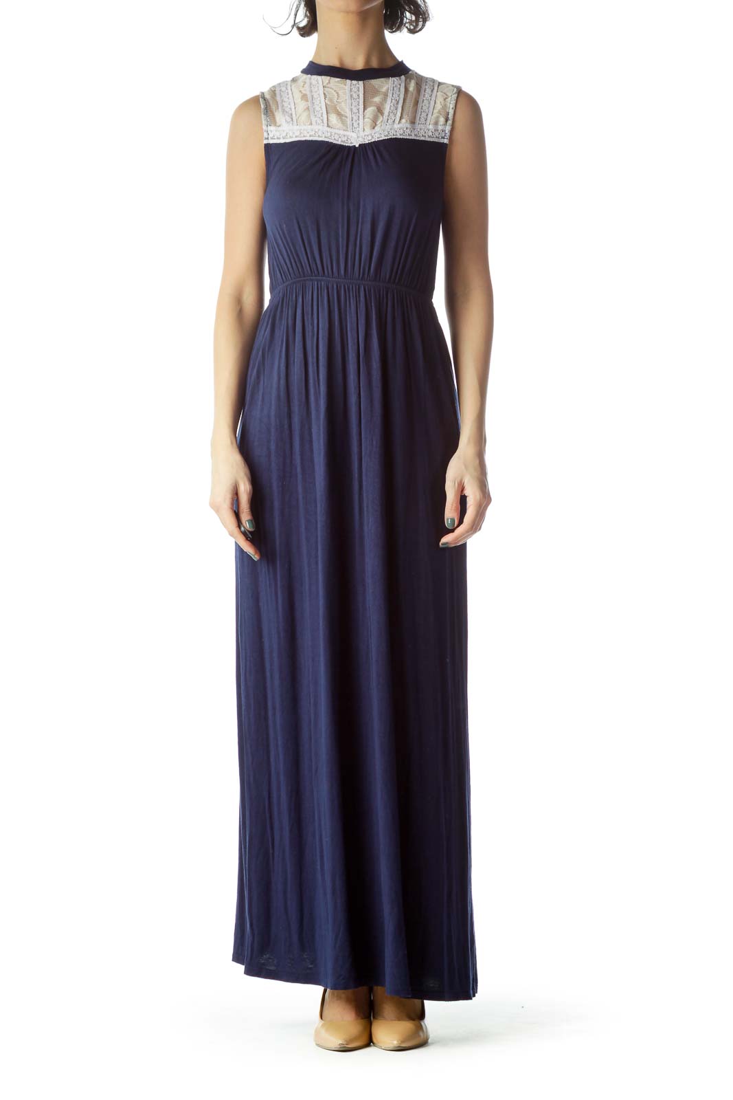 monteau lace dress Navy Blue Cream Lace Jersey-Knit Maxi Dress