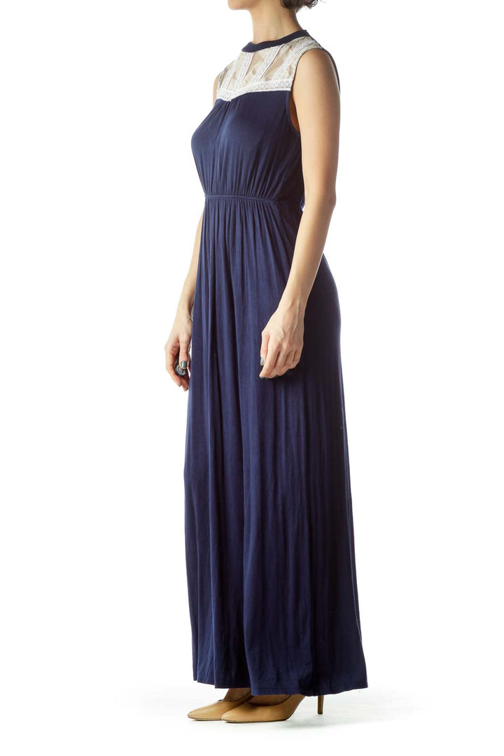 Navy Blue Cream Lace Jersey-Knit Maxi Dress