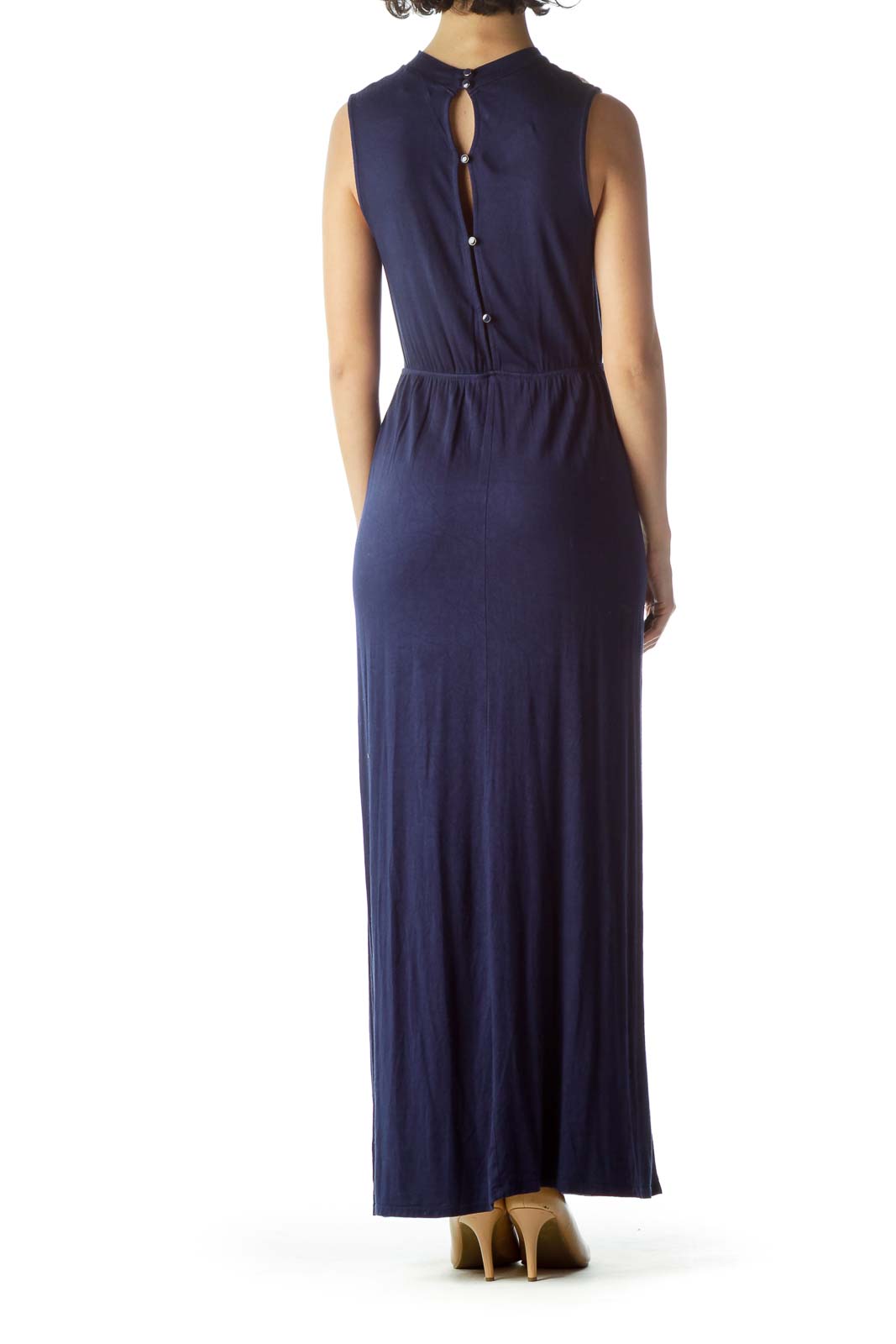 Navy Blue Cream Lace Jersey-Knit Maxi Dress