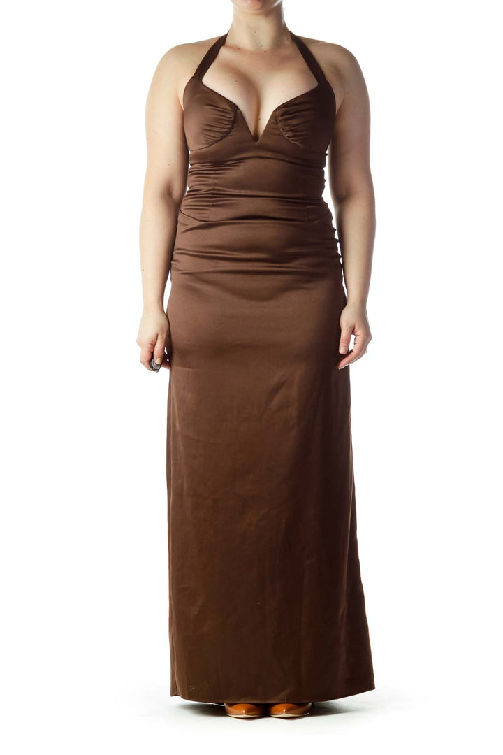 Brown Sweetheart Neck Halter Evening Dress