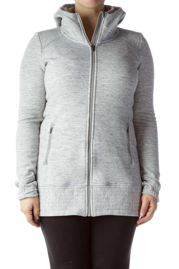 Gray Hooded Zip-Up Jacket with Thumb Loop