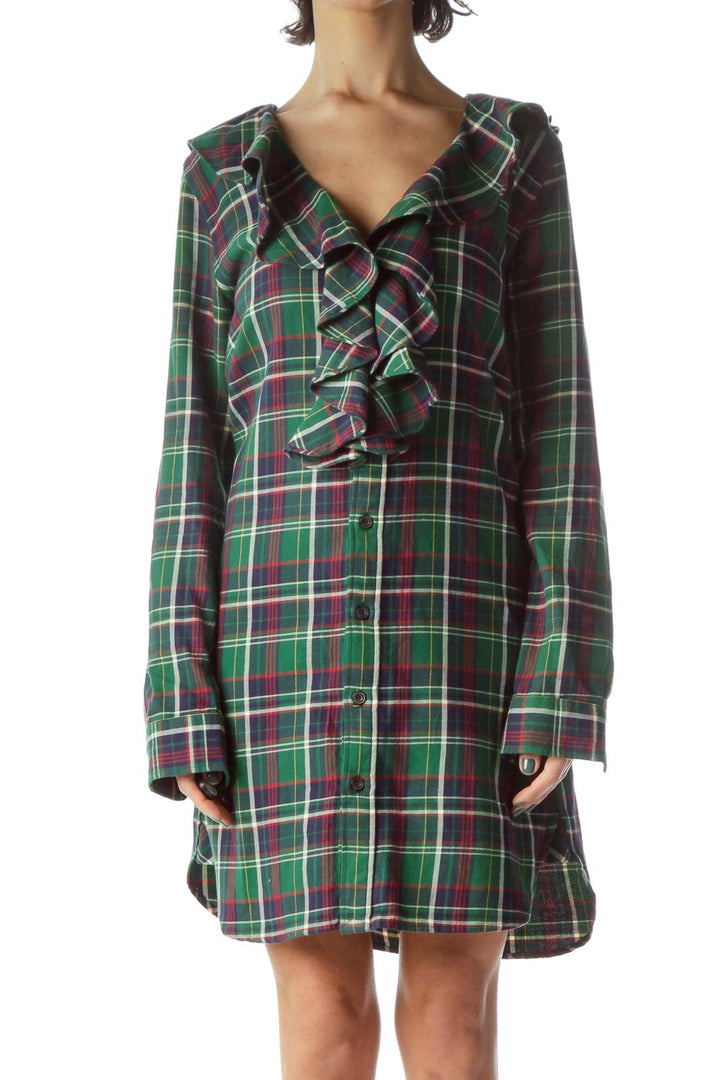 Green Red Blue Plaid 100% Cotton Knit Dress