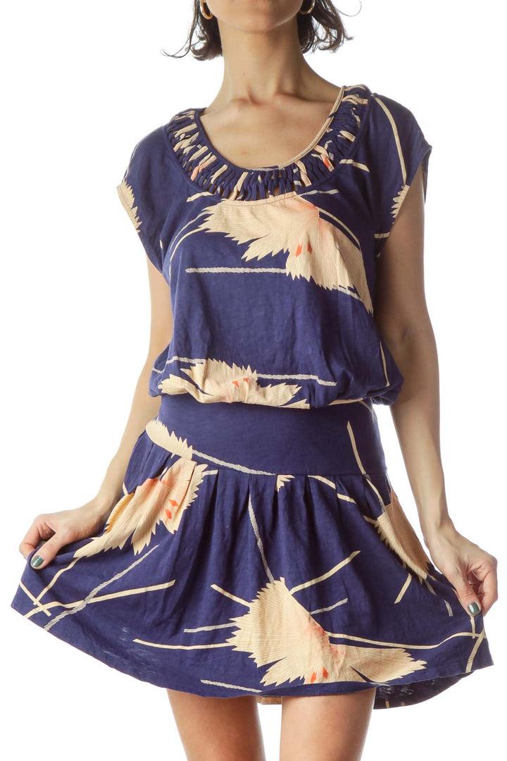 Navy Blue Light Peach Floral Print Day Dress