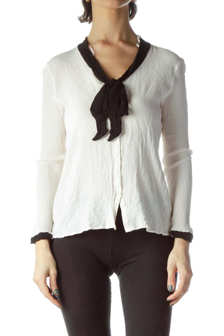 Cream Black Bows Buttoned Long Sleeve Top