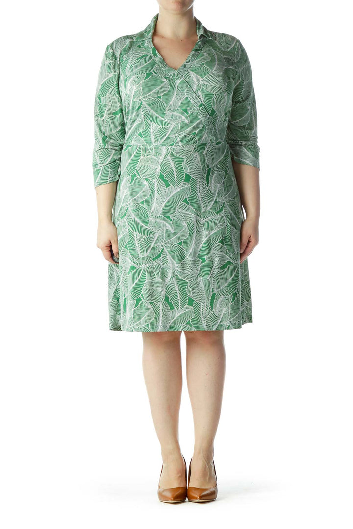 Green White Leaves Print Belted Day Dress