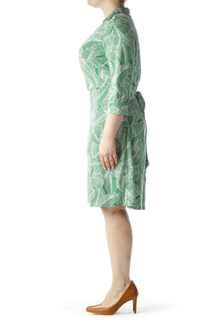 Green White Leaves Print Belted Day Dress