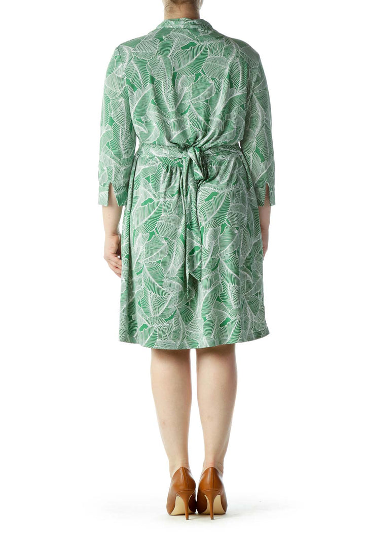 Green White Leaves Print Belted Day Dress