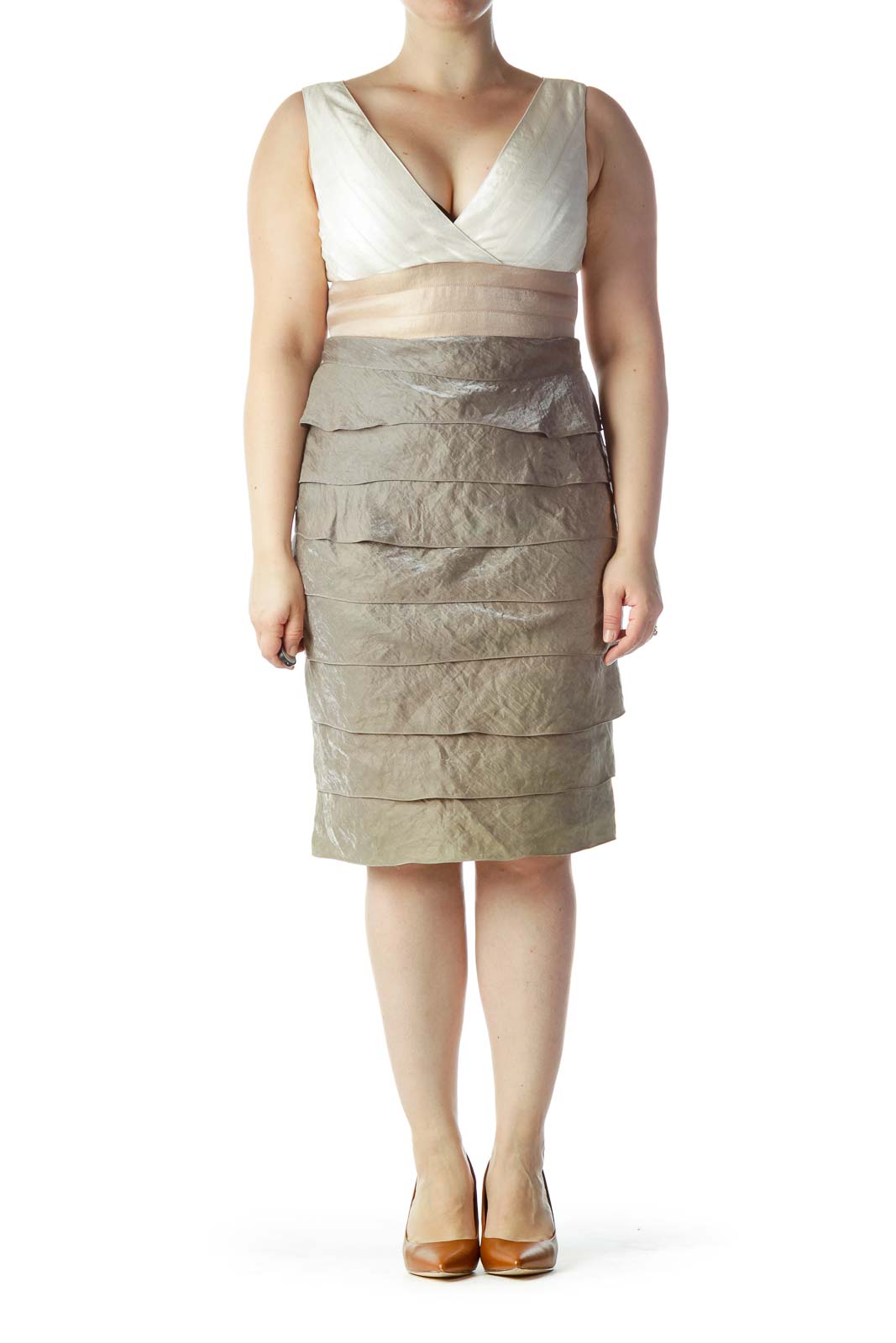 Beige Cream Gray Ruffled Cocktail Dress