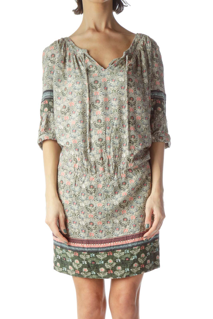 Multicolored Floral Print 3/4 Sleeve Day Dress