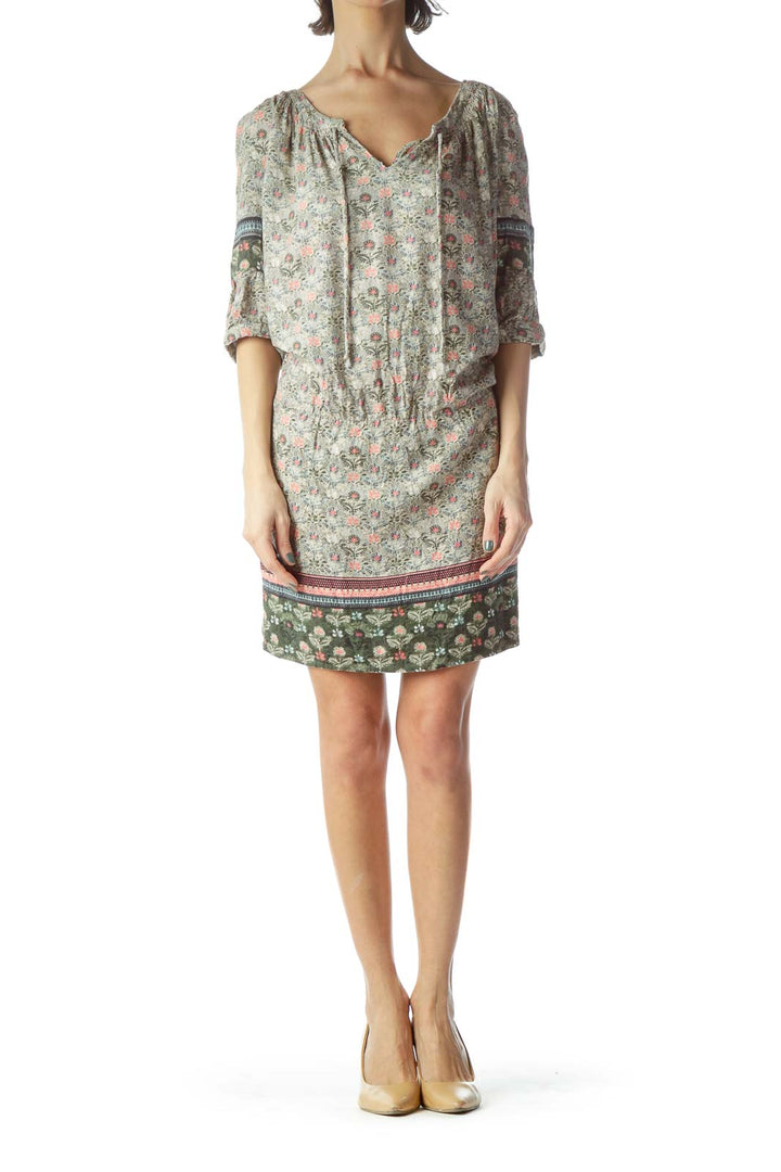 Multicolored Floral Print 3/4 Sleeve Day Dress