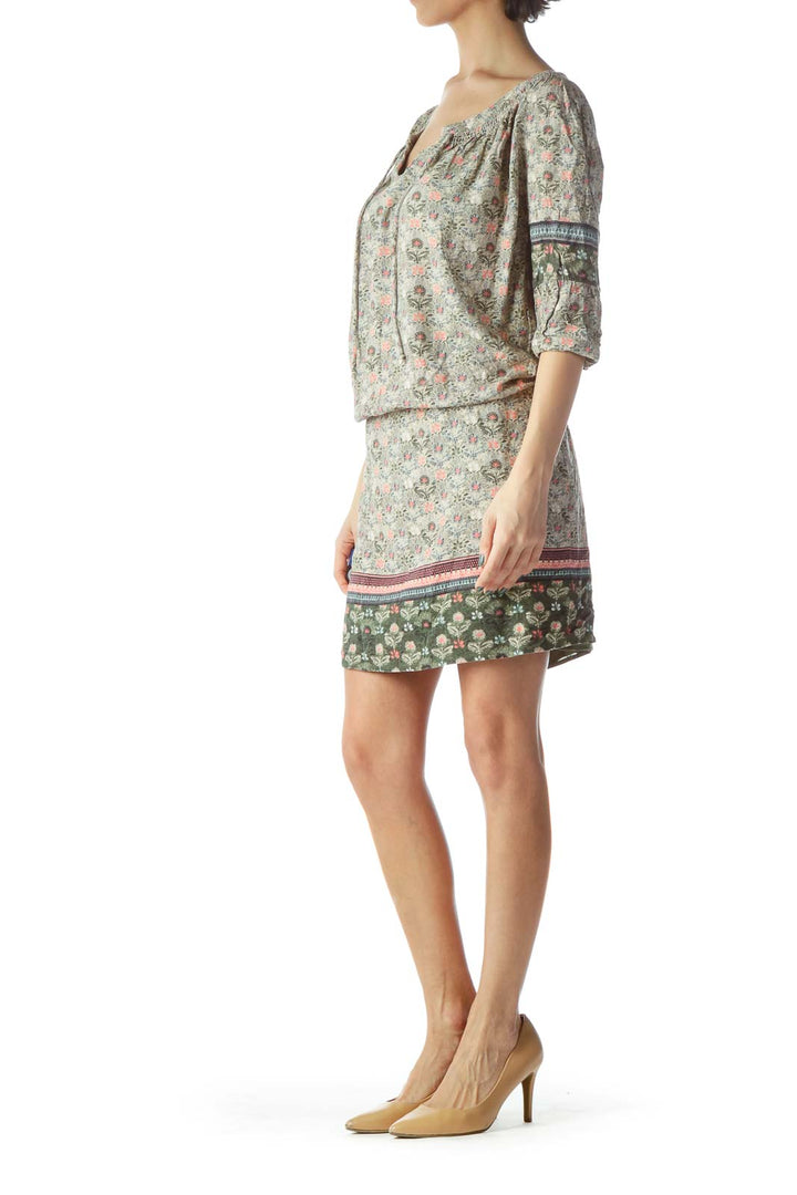 Multicolored Floral Print 3/4 Sleeve Day Dress