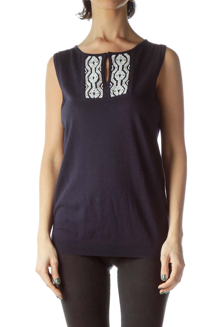 Navy Blue White Neck Embellishment Knit Vest