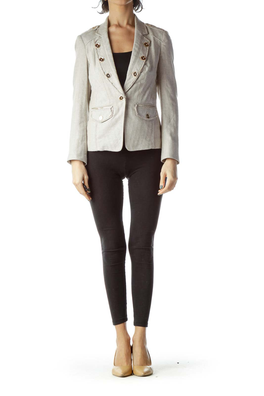 Beige Cream Metal Rose Gold Buttons Blazer