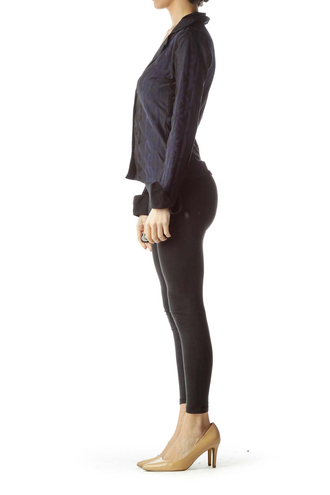 Black Navy Blue Jacquared Collared Knit Top