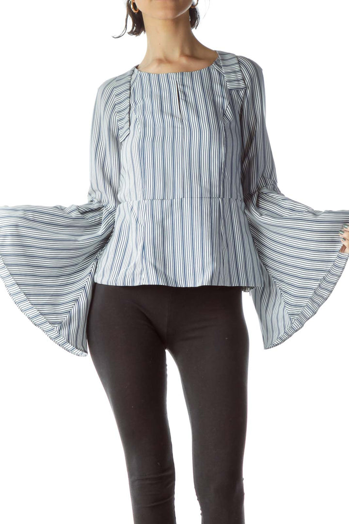 Blue White Striped Flared Long Sleeve Blouse