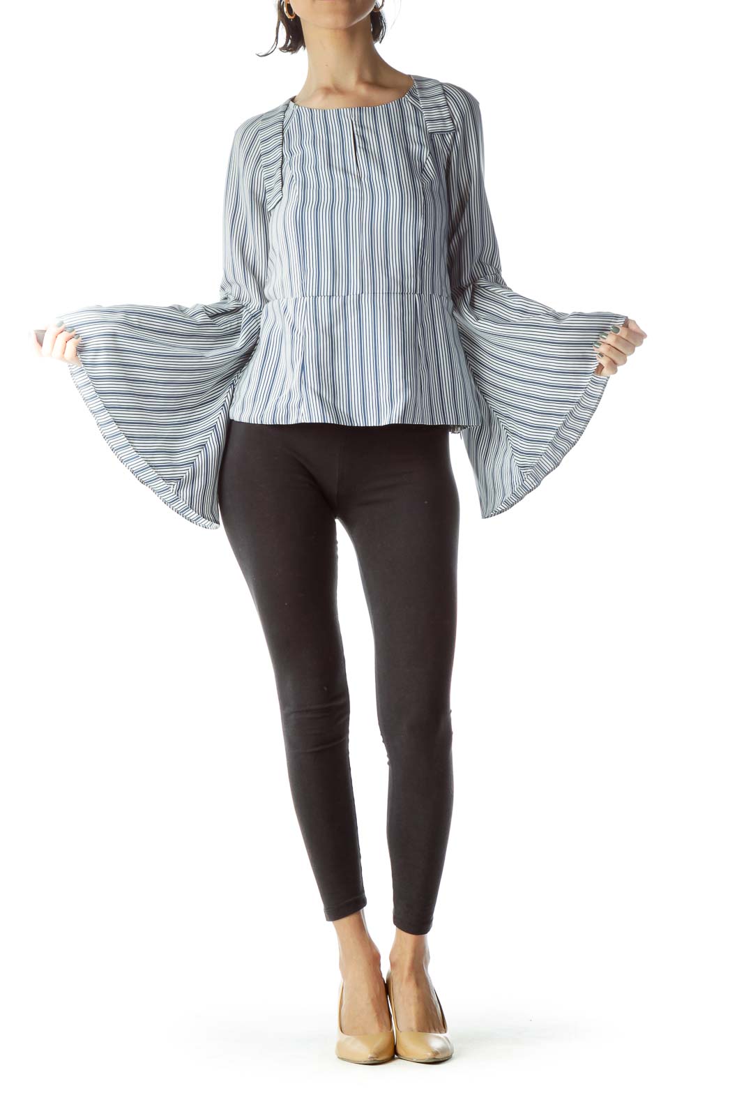 Blue White Striped Flared Long Sleeve Blouse