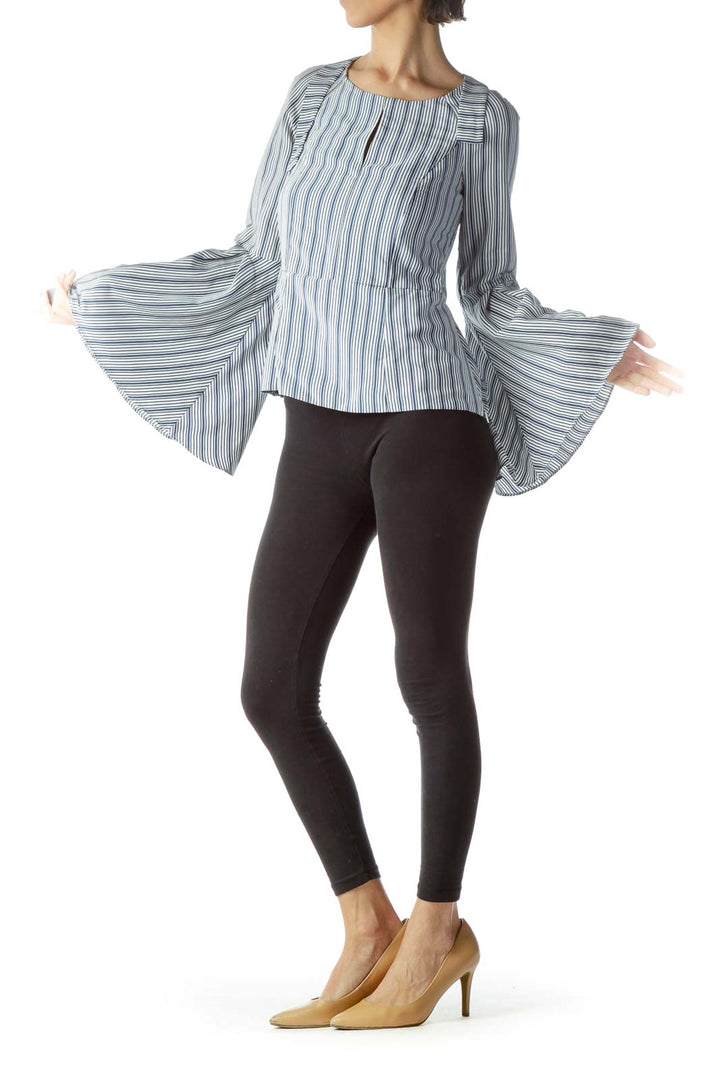 Blue White Striped Flared Long Sleeve Blouse