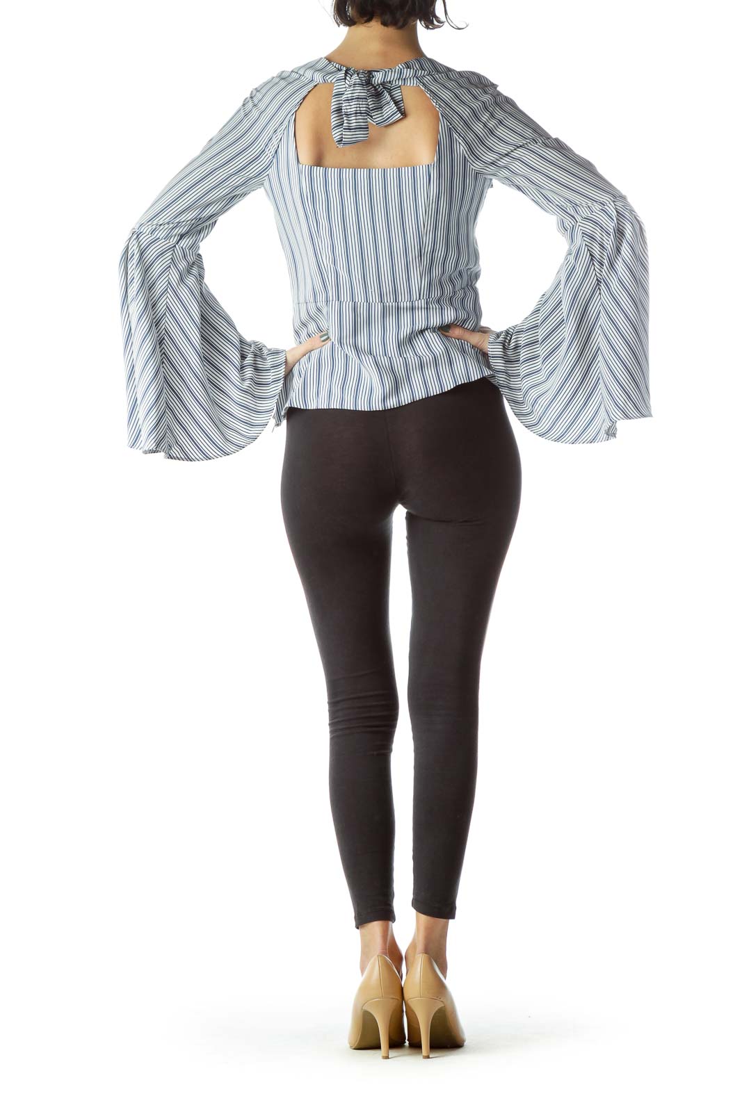 Blue White Striped Flared Long Sleeve Blouse