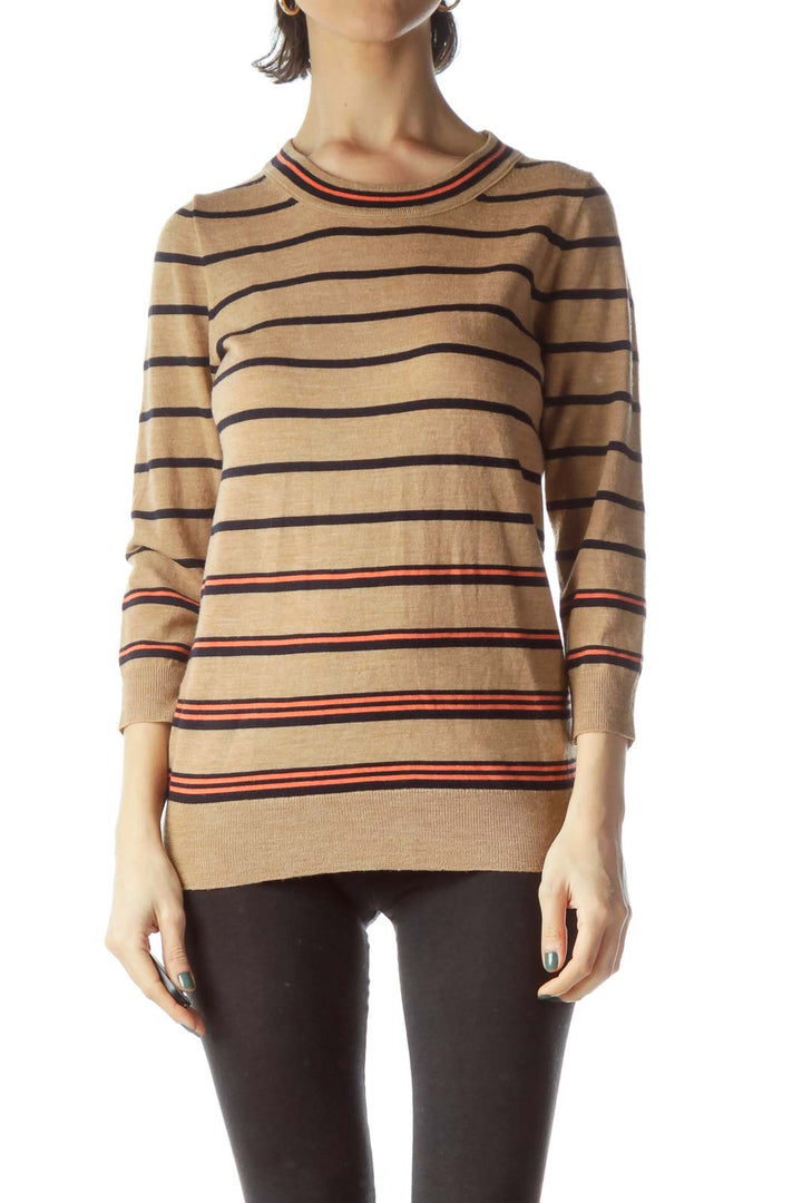 Beige Black Striped 100% Merino Wool Sweater