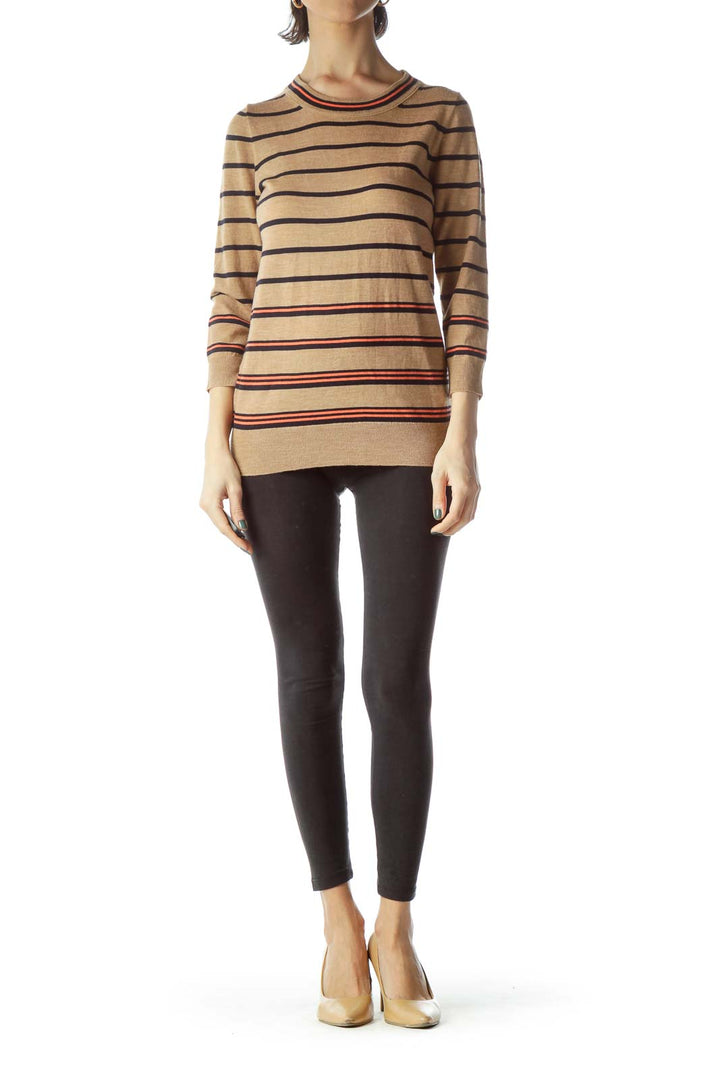 Beige Black Striped 100% Merino Wool Sweater