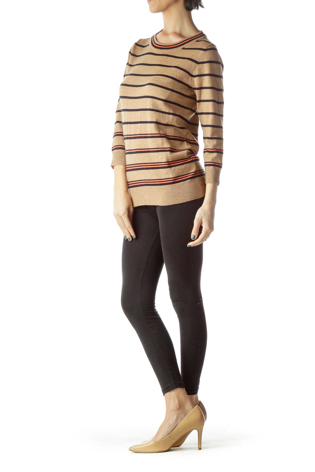 Beige Black Striped 100% Merino Wool Sweater