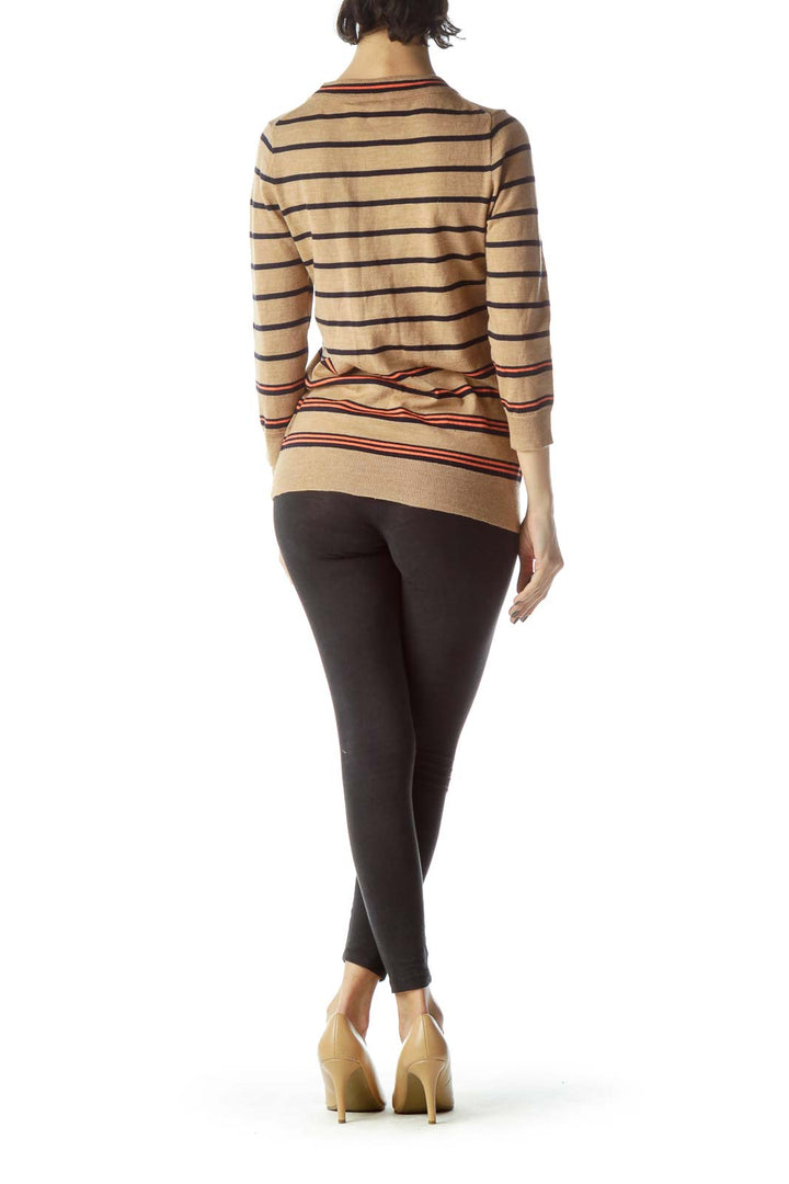 Beige Black Striped 100% Merino Wool Sweater