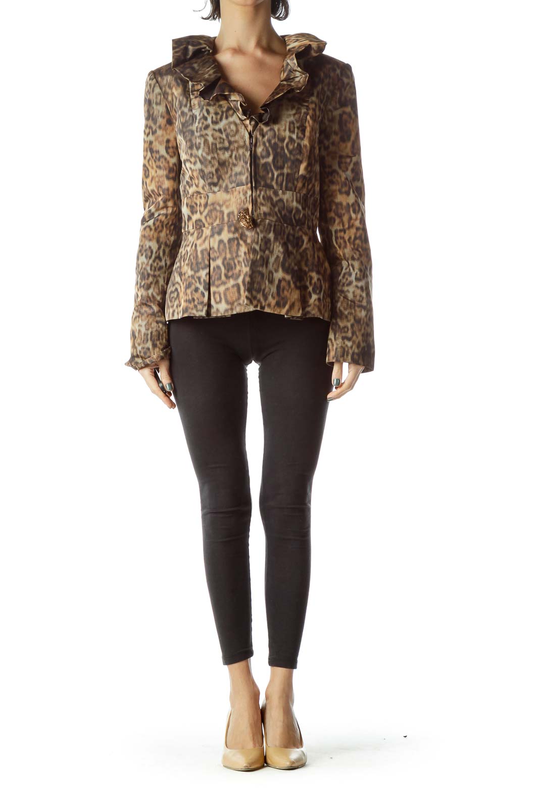 Brown Leopard Print Ruffle Collar Jacket