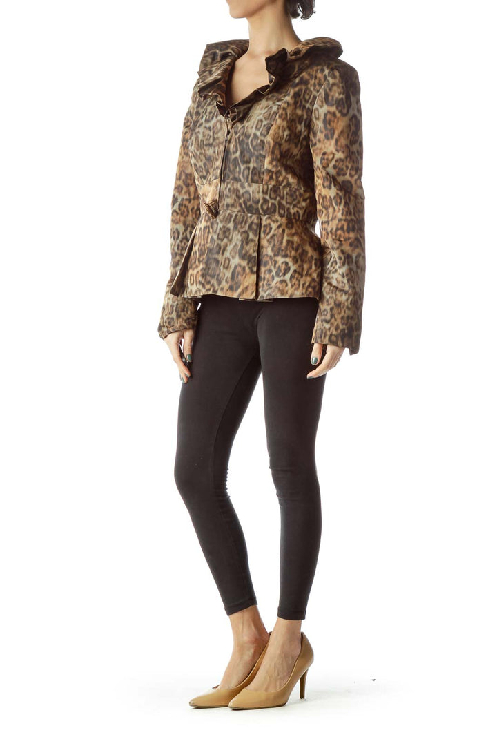 Brown Leopard Print Ruffle Collar Jacket