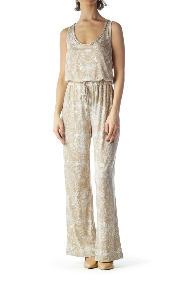 Beige White Round Embellished Print Jumpsuit