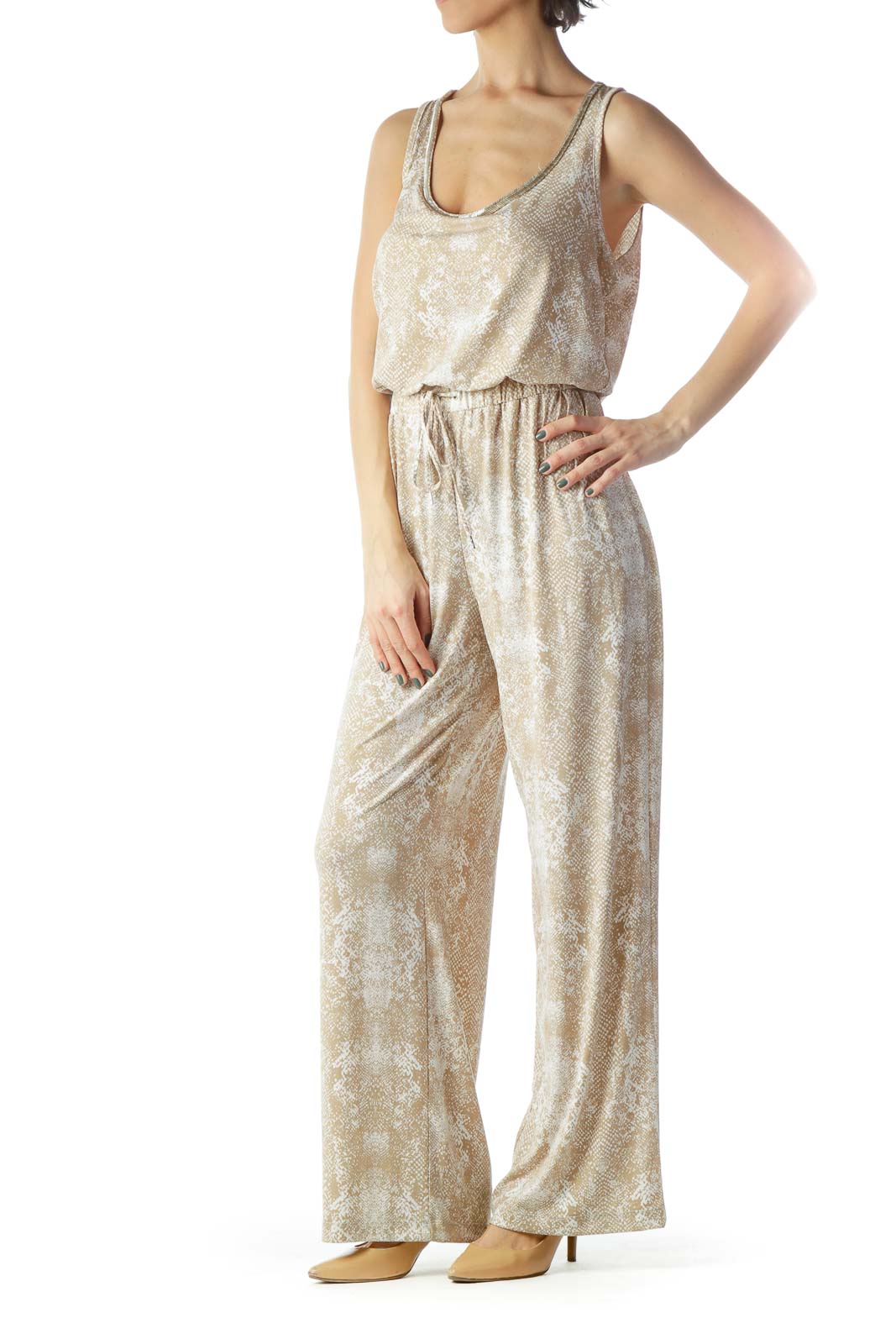 Beige White Round Embellished Print Jumpsuit