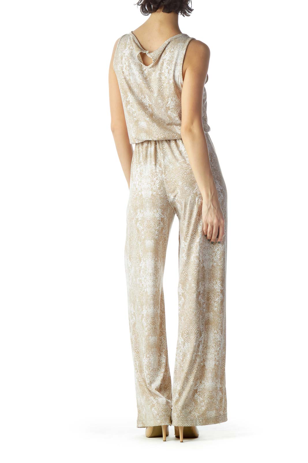 Beige White Round Embellished Print Jumpsuit