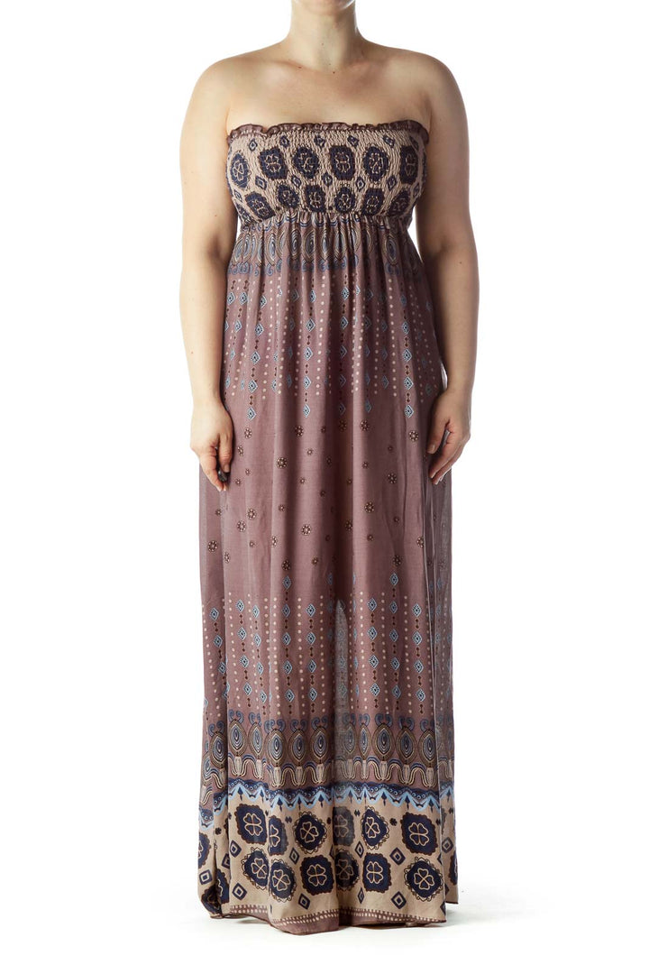 Brown Blue Strapless Printed Maxi Dress