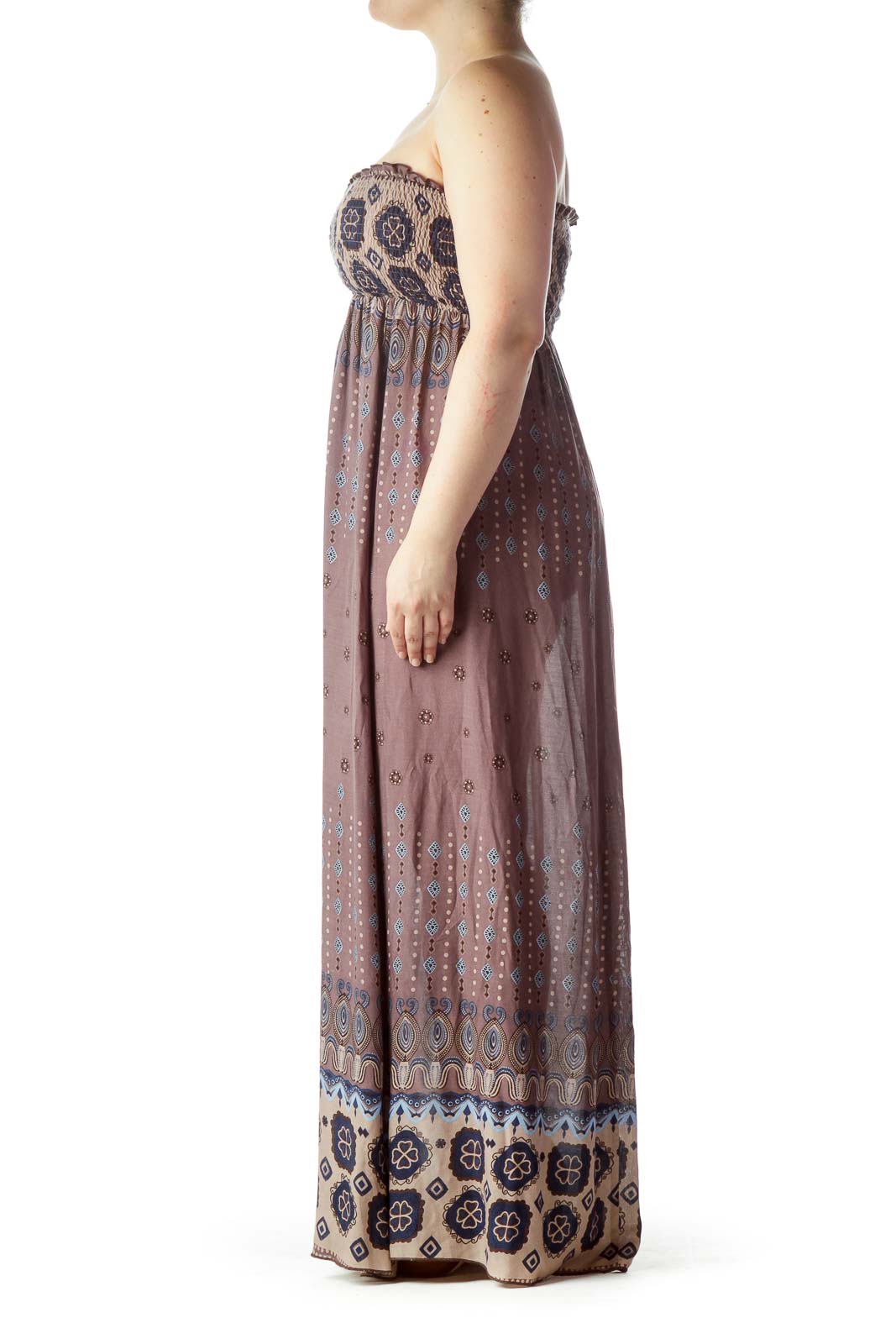 Brown Blue Strapless Printed Maxi Dress