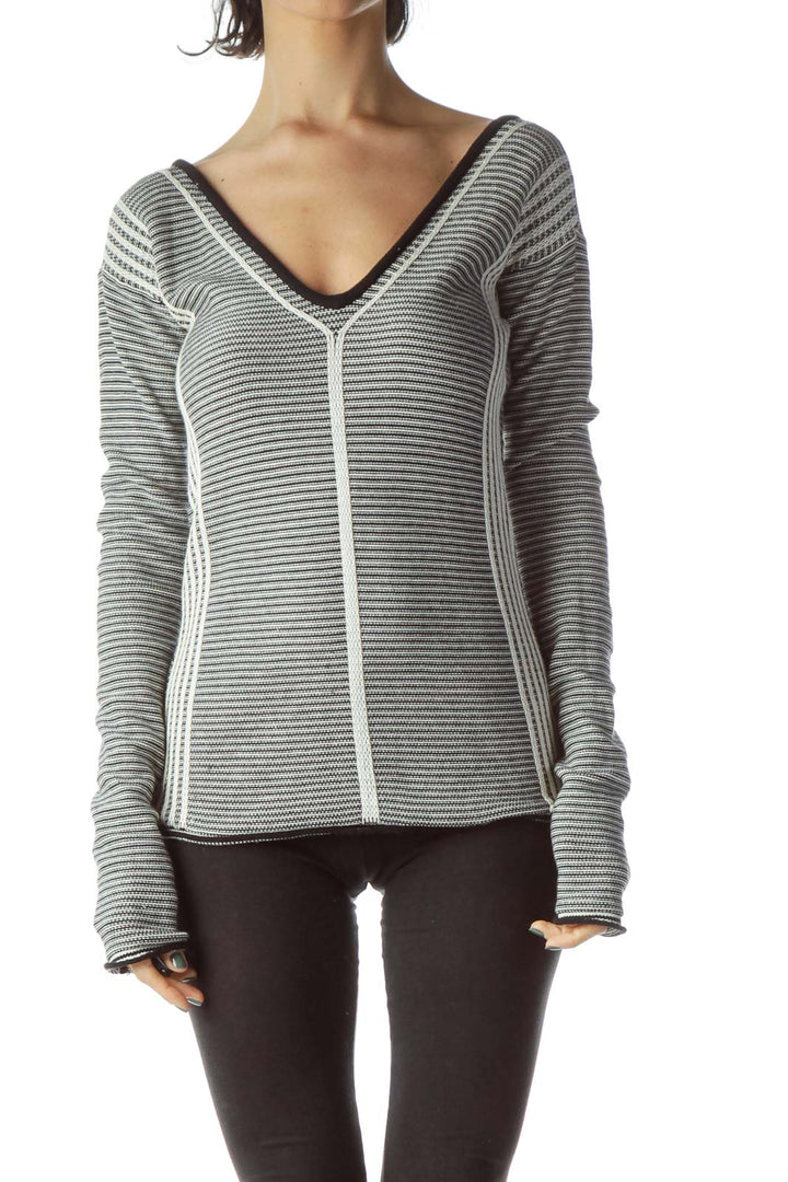 Black Cream Striped Textured Open Neck Knit Top