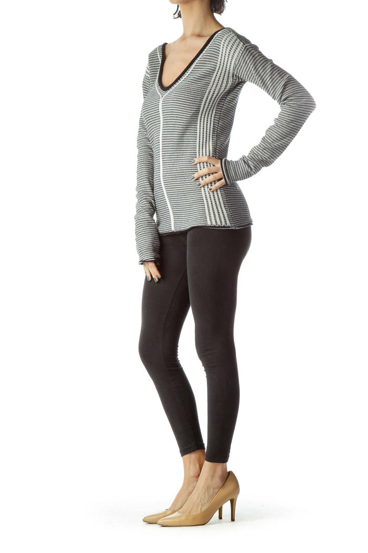 Black Cream Striped Textured Open Neck Knit Top