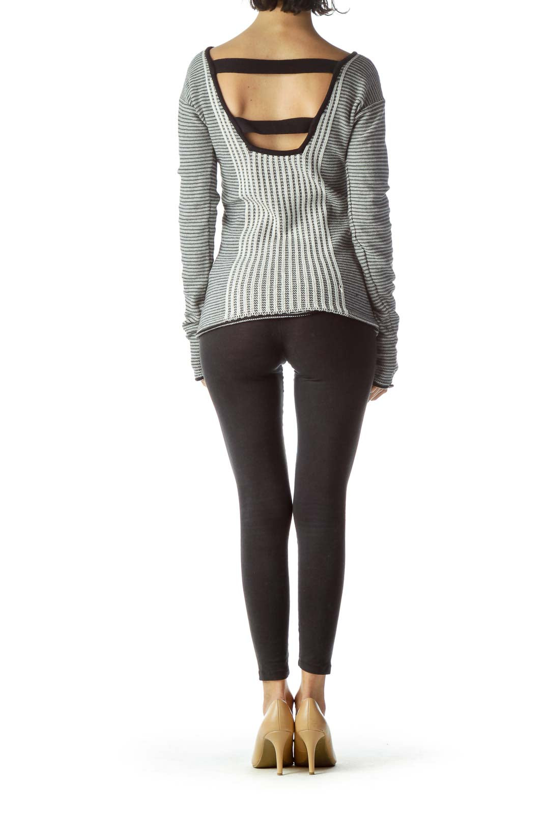 Black Cream Striped Textured Open Neck Knit Top