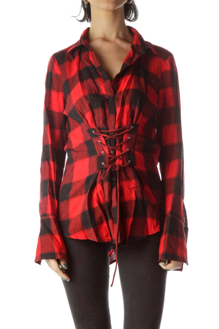 Red Black Checkered 100% Cotton Drawstring Shirt