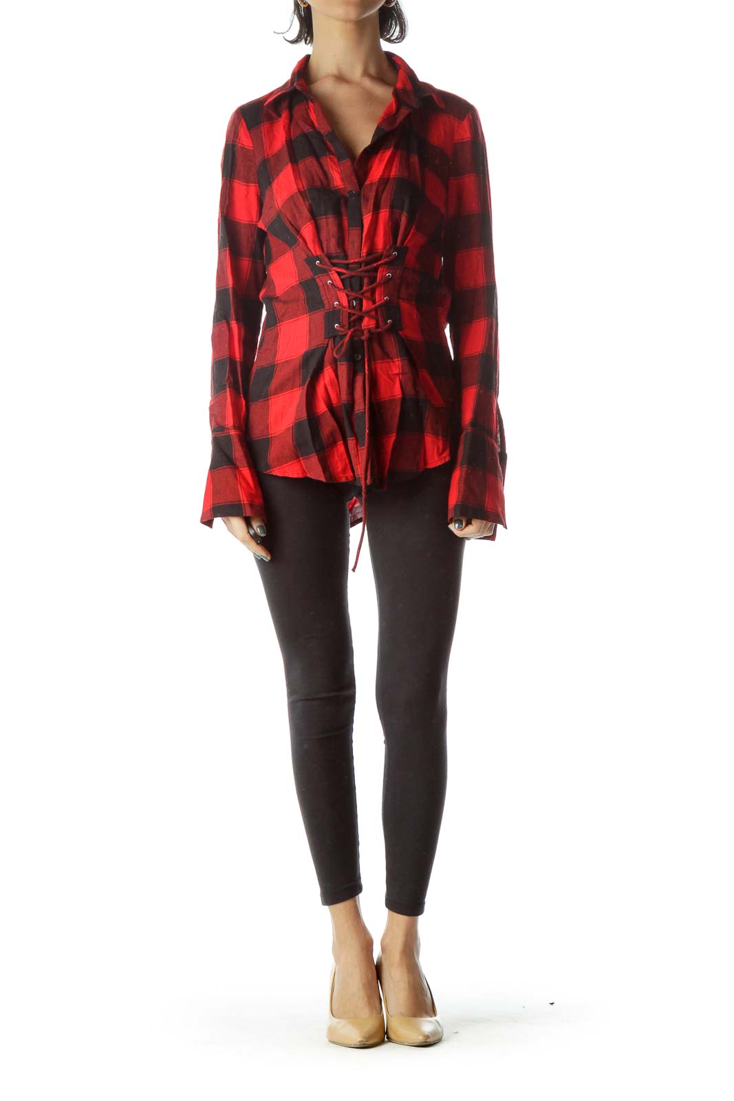 Red Black Checkered 100% Cotton Drawstring Shirt