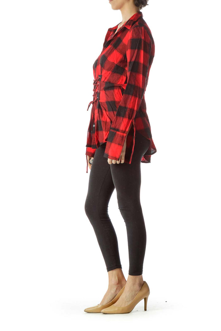 Red Black Checkered 100% Cotton Drawstring Shirt