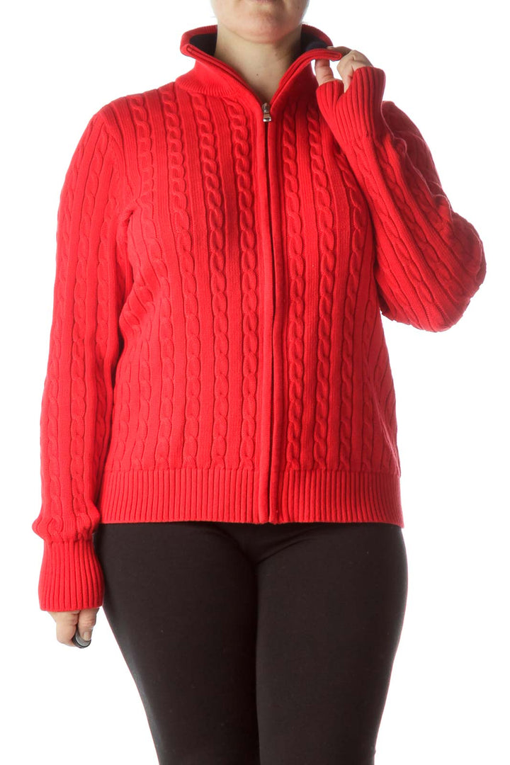 Red Zippered Cable-Knit 100% Cotton Sweater