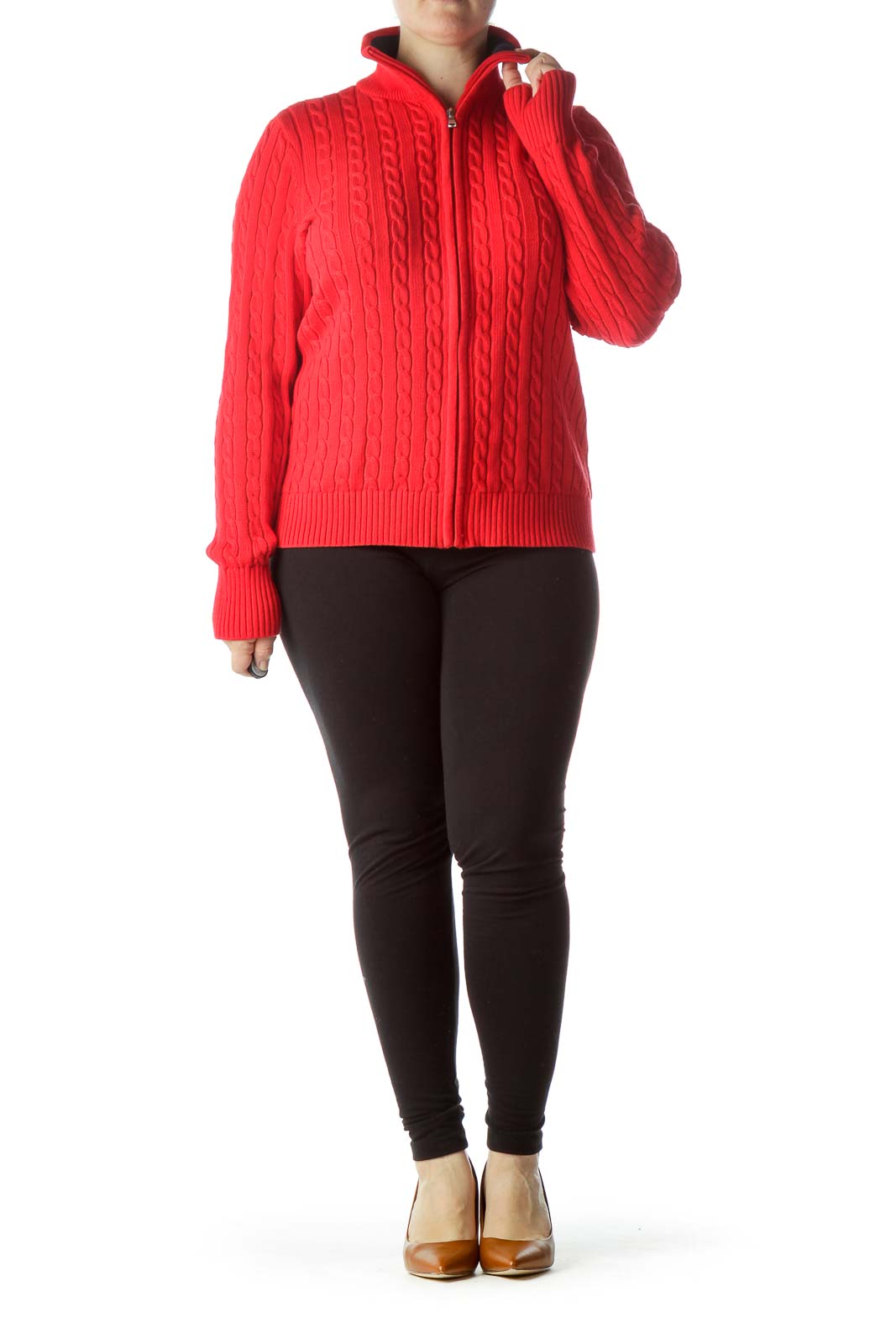 Red Zippered Cable-Knit 100% Cotton Sweater