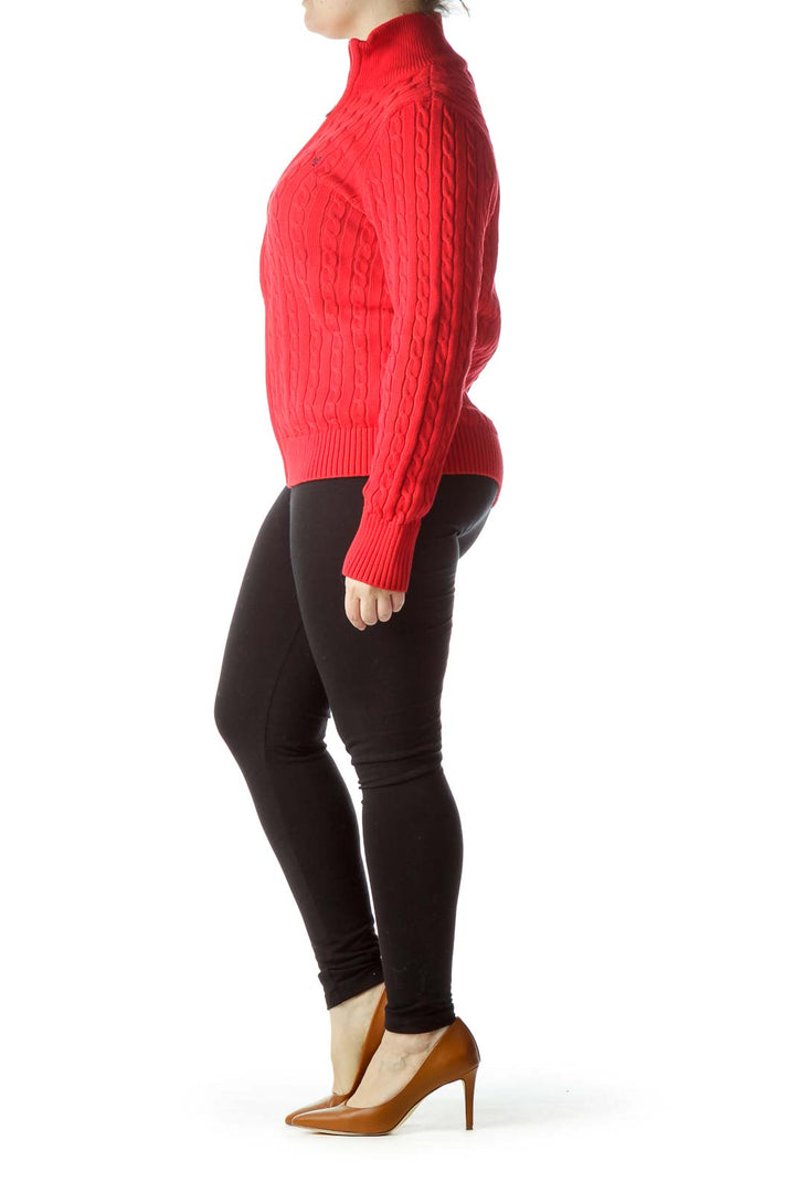 Red Zippered Cable-Knit 100% Cotton Sweater