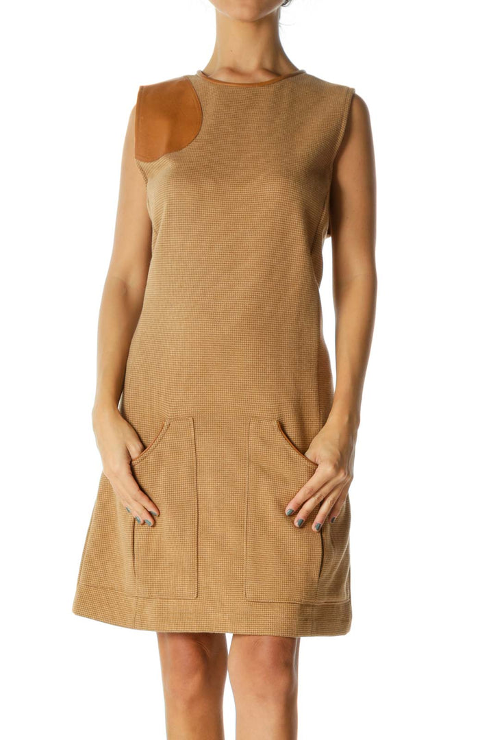 Beige Textured Sleeveless Pocketed Work Dress