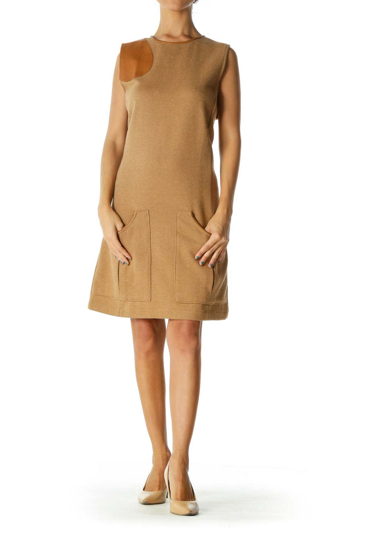 Beige Textured Sleeveless Pocketed Work Dress