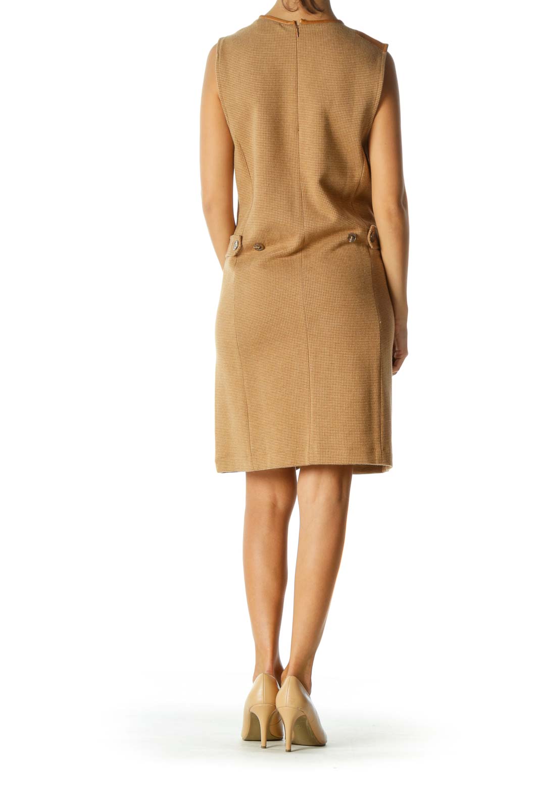 Beige Textured Sleeveless Pocketed Work Dress