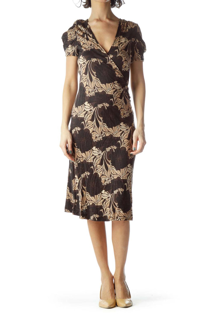 Black Brown Floral Print Wrap Dress